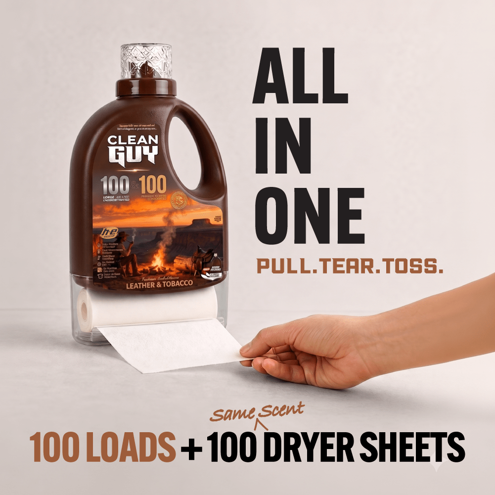 Heavy Duty Premium Laundry Detergent + Built-In Dryer Sheets (100 Loads) -  LEATHER & TOBACCO