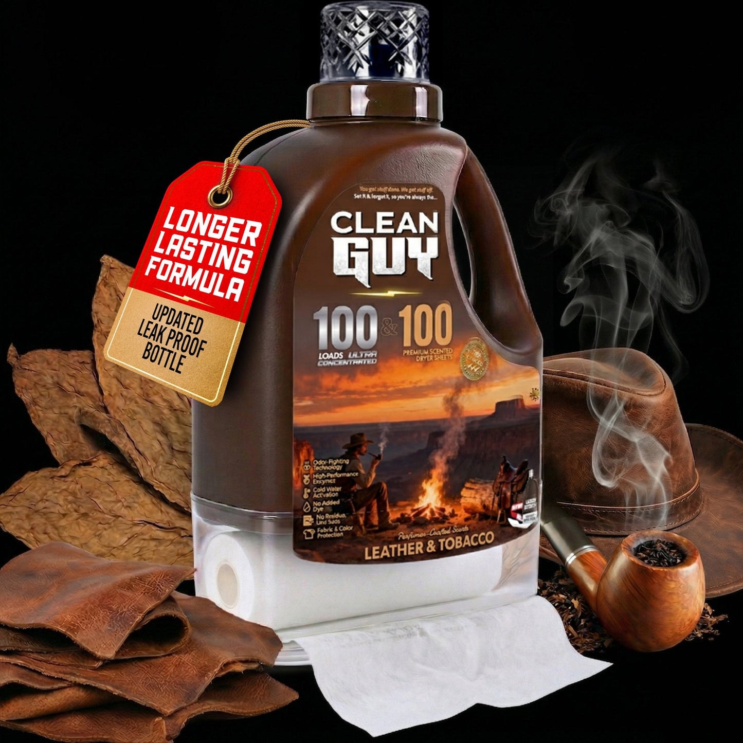 Heavy Duty Premium Laundry Detergent + Built-In Dryer Sheets (100 Loads) -  LEATHER & TOBACCO